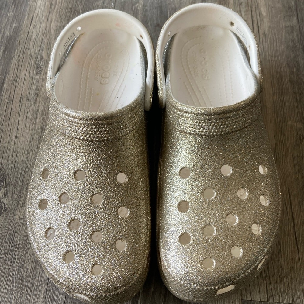 Silver and gold giggled crocs